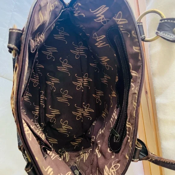 American West Vintage Leather Handbag Tooled Leather/ Animal Print Hair On/Studs - Picture 8 of 15